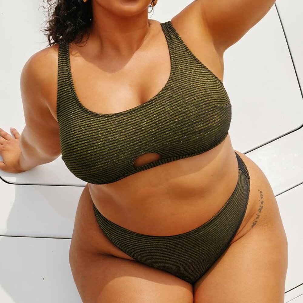 Cupshe Ribbed Keyhole Bralette & High Waist Plus Size Bikini Set Size 0X | NWT